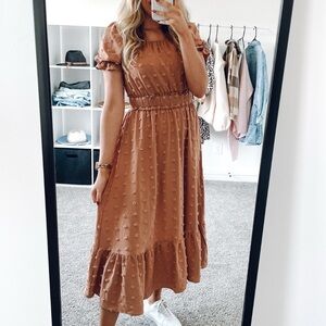 Swiss Dot Tan Dress with Ruffle Hem